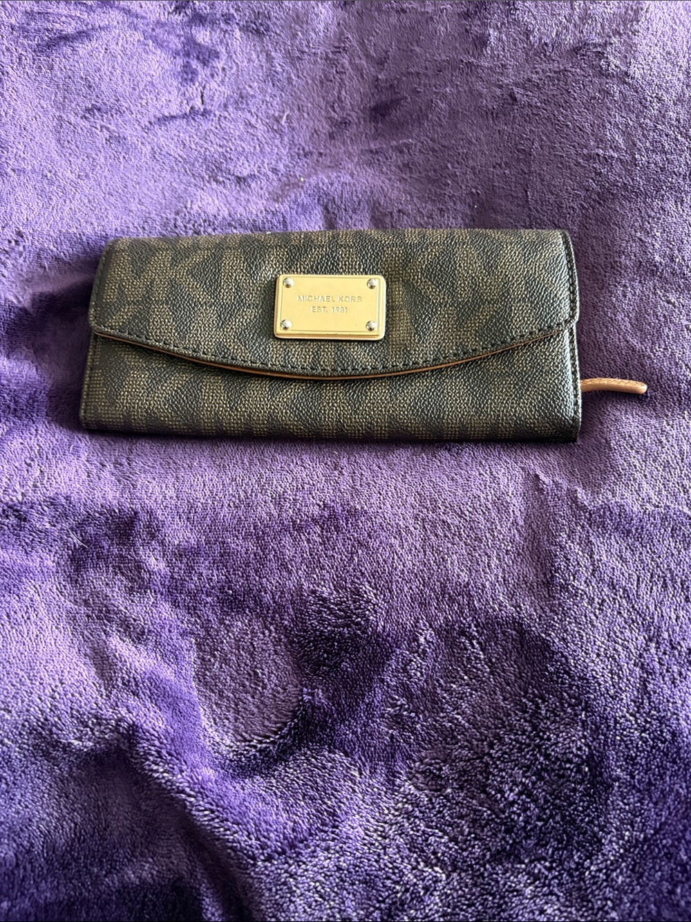 Michael Kors Dark Brown Logo Continental Wallet with Gold Plaque